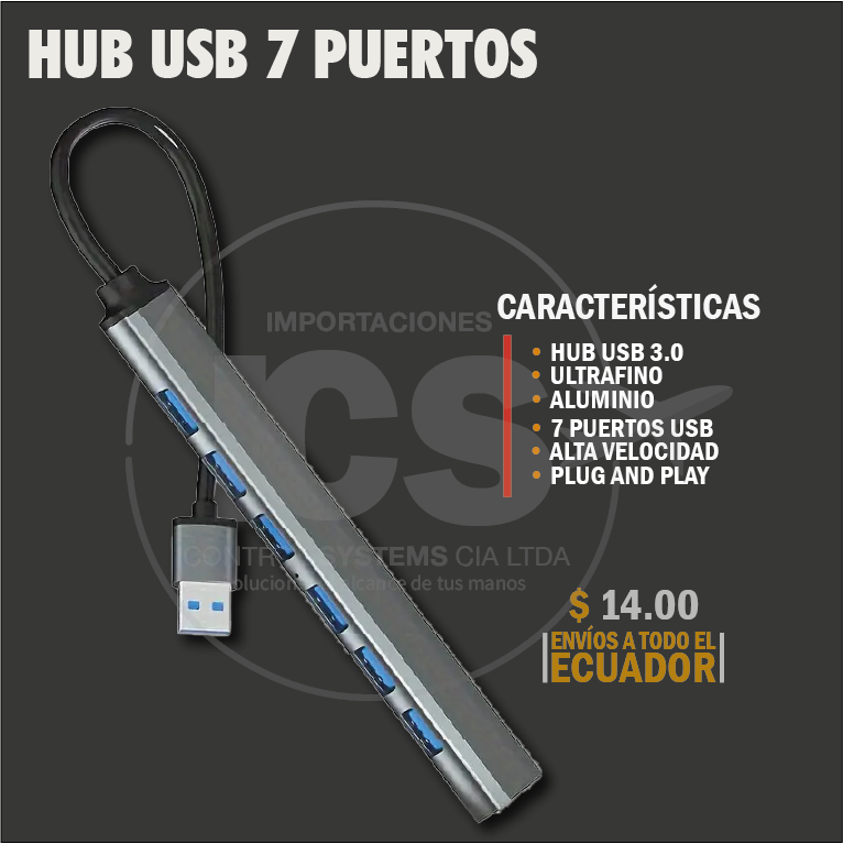HUB USB 3.0 CON 7 PUERTOS ALUMINIO PLUY AND PLAY